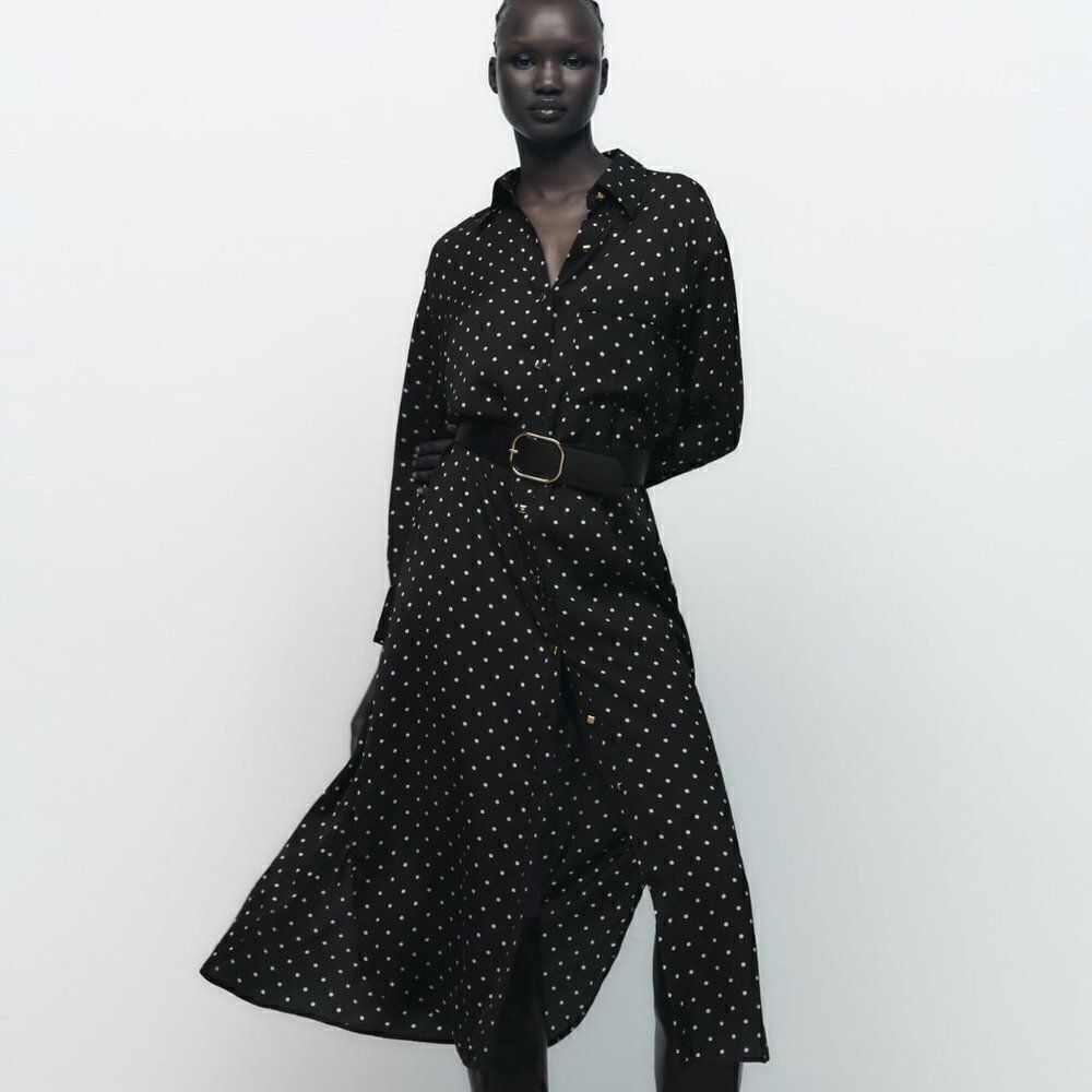 ZARA Dotted Midi Belted Dress - Picture 1 of 1
